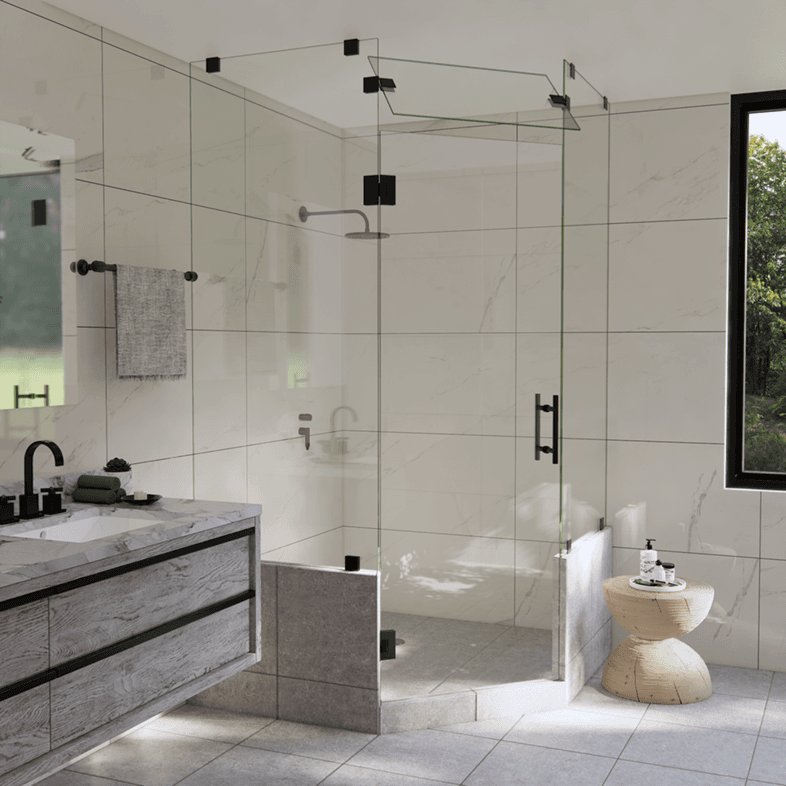 Luxe™ Right Open Neo Angle Shower Door with Two Knee Walls & Steam Shower Transom-1