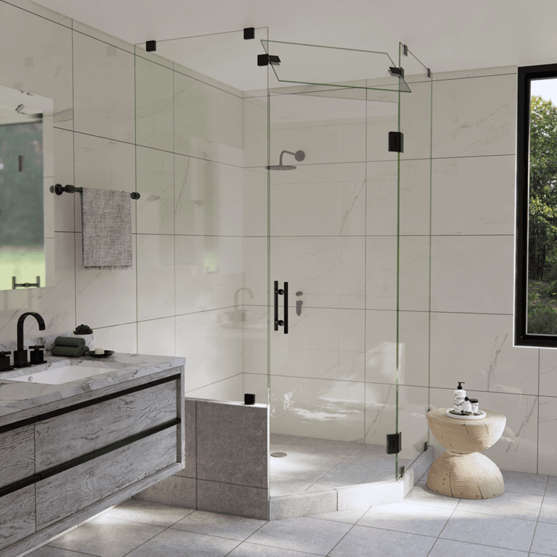 Luxe™ Left Open Neo Angle Shower Door with Left Knee Wall & Steam Shower Transom-1