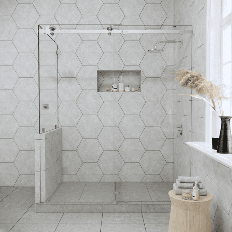 Slider™ Right Open Quadro Sliding Corner Shower Door with Left Knee Wall-1