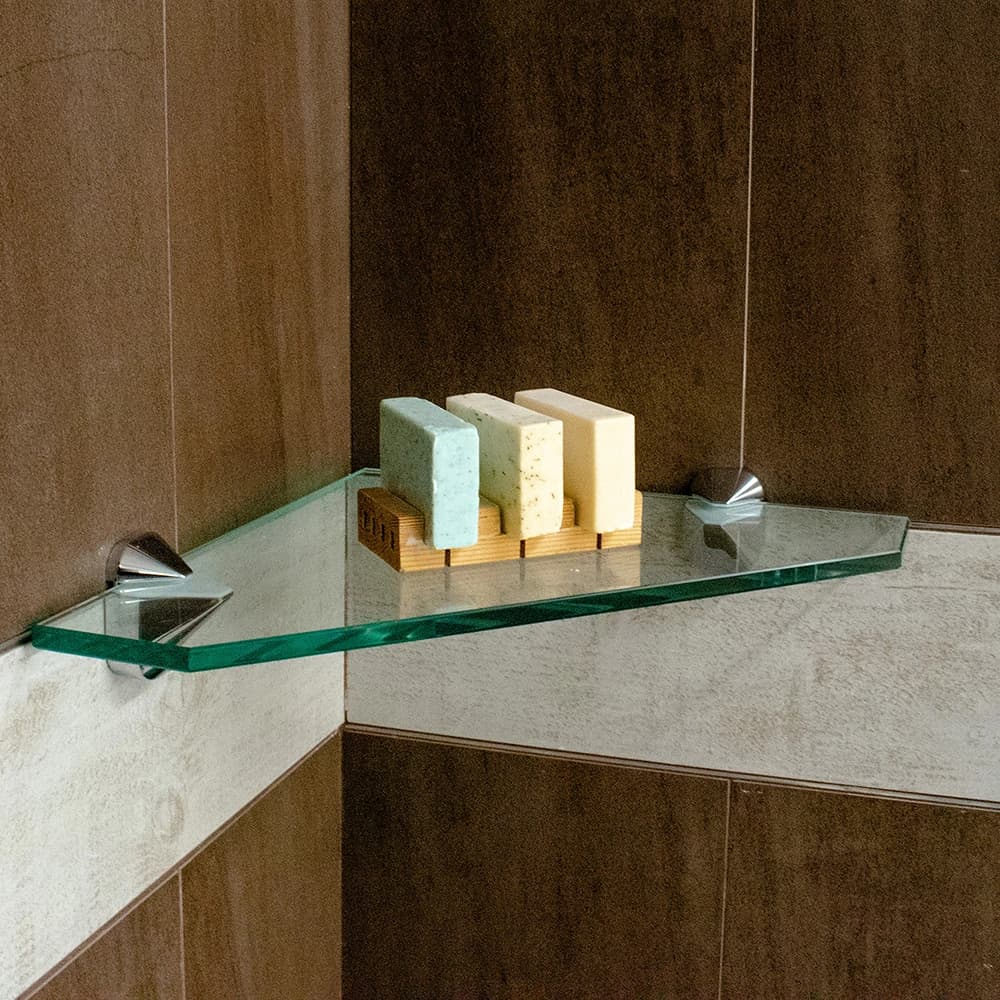12" x 12" Corner Pentagon Tempered Glass Floating Shelf - 3/8" Thick - Flat Edge | Dulles Glass