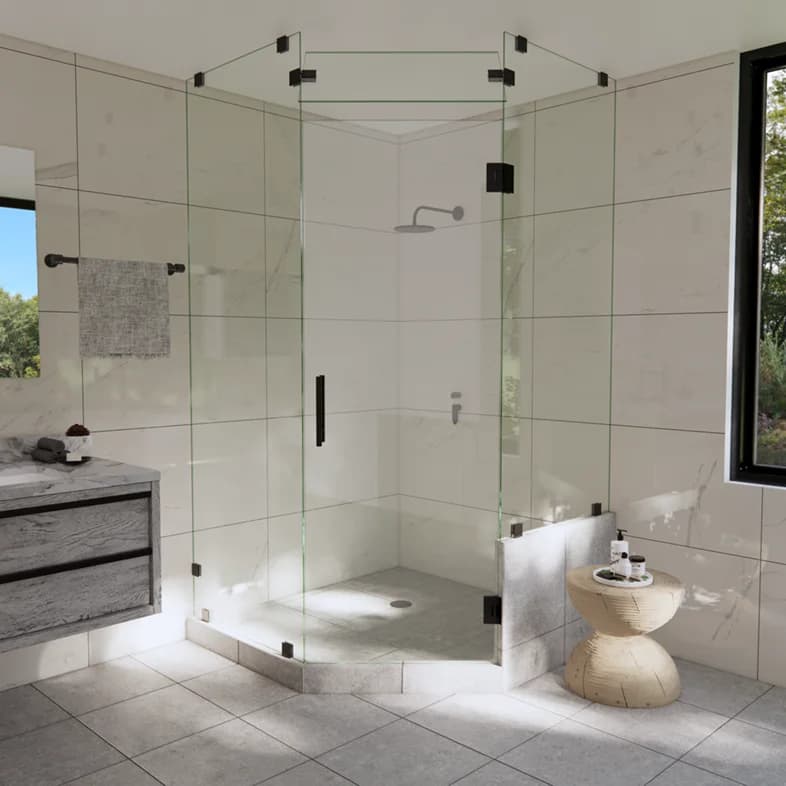 Luxe™ Left Open Neo Angle Shower Door with Right Knee Wall & Steam Shower Transom-1