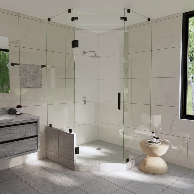 Luxe™ Right Open Neo Angle Shower Door with Left Knee Wall & Steam Shower Transom-1