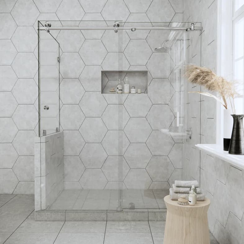Slider™ Right Open Metro Sliding Corner Shower Door with Left Knee Wall-1