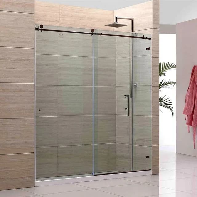 Slidng glass shower doors in a modern bathroom featuring custom tempered glass design with a sleek finish.