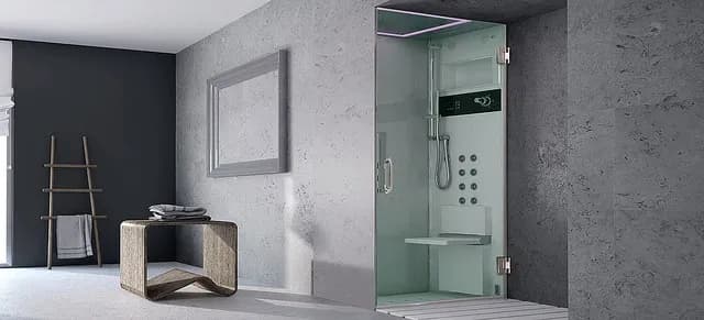 Modern bathroom featuring a glass shower door