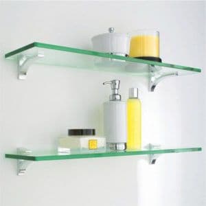 Custom tempered glass shelves displaying various bathroom products