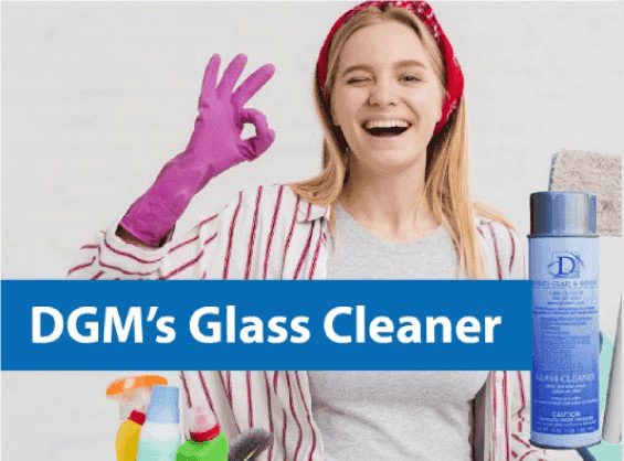 Woman with pink gloves smiling and holding up the OK gesture next to DGM's Glass Cleaner
