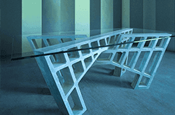 Custom glass table top with a unique base design