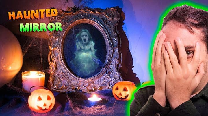 A spooky haunted mirror with a ghostly figure