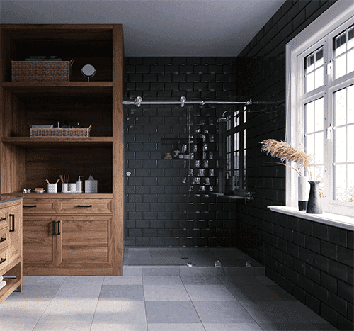 Modern bathroom featuring custom glass shower doors