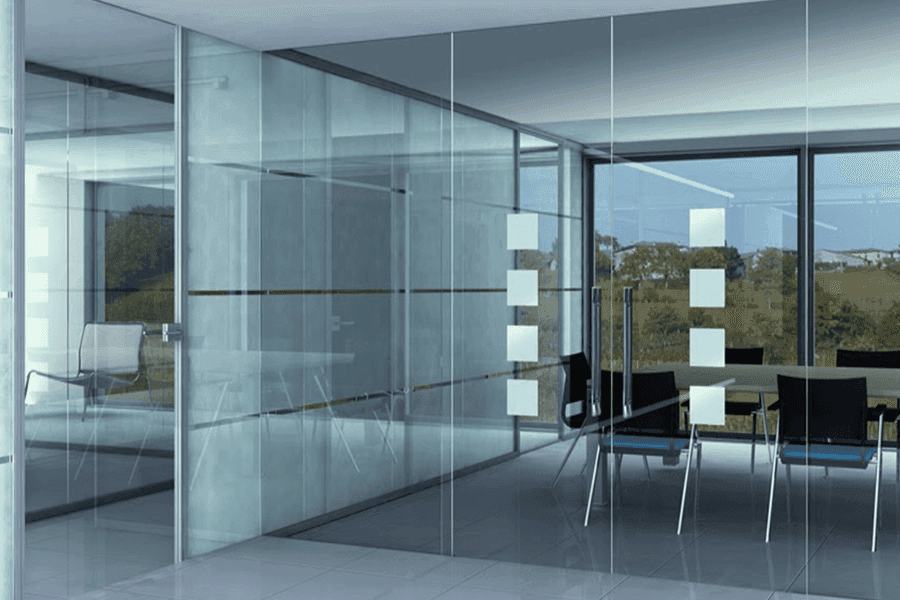 Modern glass office with custom glass partitions