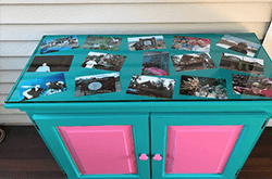 Custom glass table top featuring photographs