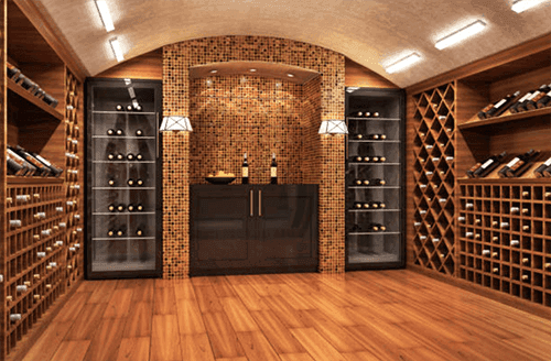 Modern wine cellar featuring custom glass wine storage