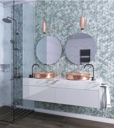 Modern bathroom featuring custom shower doors