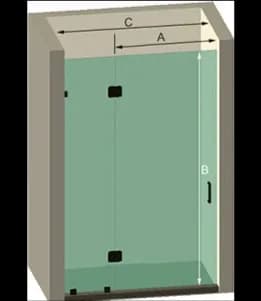 Diagram of a custom shower door design with measurements labeled A, B, and C, showcasing tempered glass suitable for modern bathrooms.