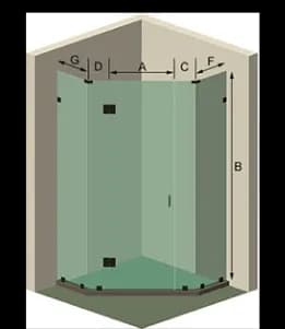 Diagram of a custom shower door design featuring tempered glass, with labeled dimensions for accurate measurements, showcasing a modern and elegant aesthetic. Suitable for custom glass applications in bathrooms.