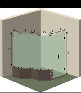 Diagram of a custom shower door installation showcasing tempered glass panels and a beveled glass edge design, with measurements labeled for precision.
