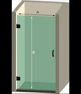 Custom glass shower door design with dimensions A and B, featuring tempered glass for durability and style.