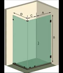 Diagram of custom shower doors showing dimensions A, B, C, and D, highlighting the use of tempered glass for durability and style.
