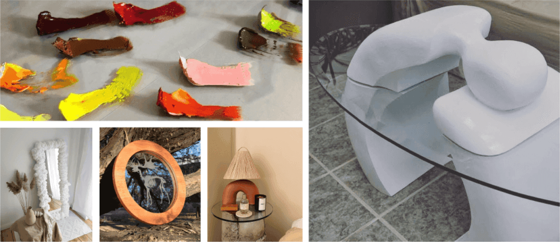Custom glass table top with a unique base, decorative beveled glass mirror, and artistic displays highlighting colorful paint swatches.