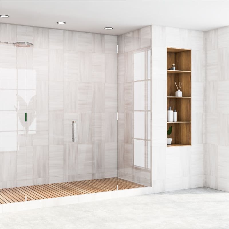Custom glass shower doors in a modern bathroom, featuring sleek design elements with tempered glass and a wood accent wall.