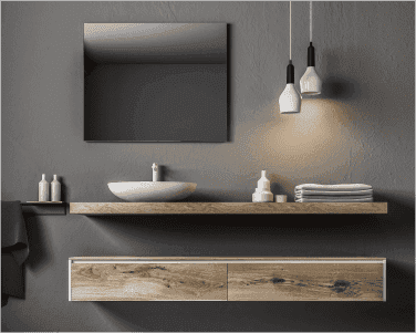 Modern bathroom setup featuring a sleek mirror, custom glass basin, wooden shelf, and warm lighting, highlighting premium design elements for shower doors and tempered glass surfaces.