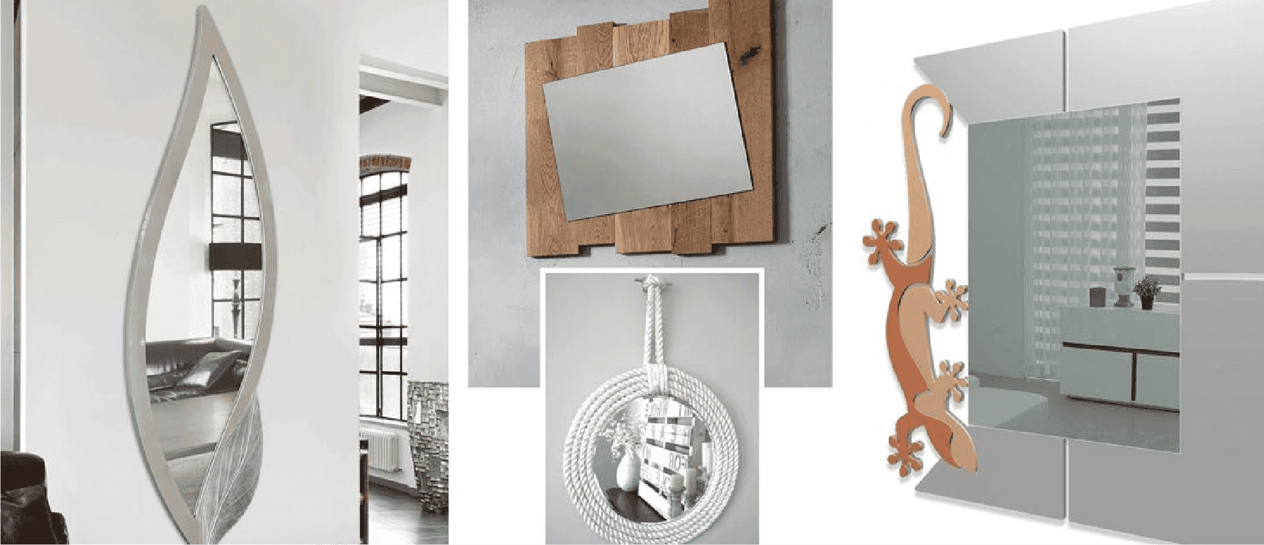 Custom glass mirrors featuring unique designs, including a leaf shape, wooden frame, and decorative accents, showcasing tempered and beveled glass edges for enhanced elegance.
