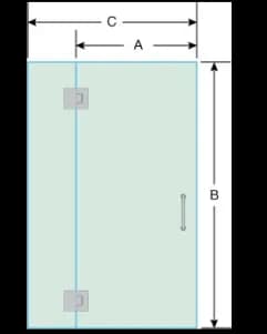 Diagram of a custom tempered glass shower door with labeled dimensions A, B, and C, showcasing design options for modern bathroom installations.