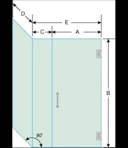 Diagram of a custom glass shower door with dimensions, showcasing options for tempered glass and potential beveled glass edges, highlighting our offerings in custom glass solutions and shower doors.