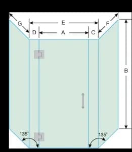 Diagram of custom shower doors with measurements labeled A to G, showcasing tempered glass options and beveled glass edges for elegant design.