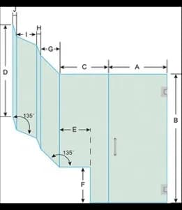 Custom shower door design diagram with measurements, highlighting features such as tempered glass and beveled glass edge. Ideal for custom glass applications.