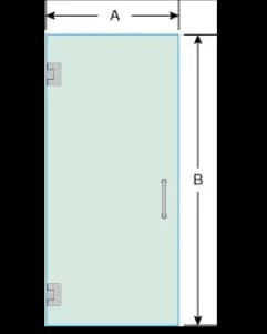 Diagram of a custom shower door with measurements, illustrating tempered glass design, suitable for modern bathrooms and custom installations.