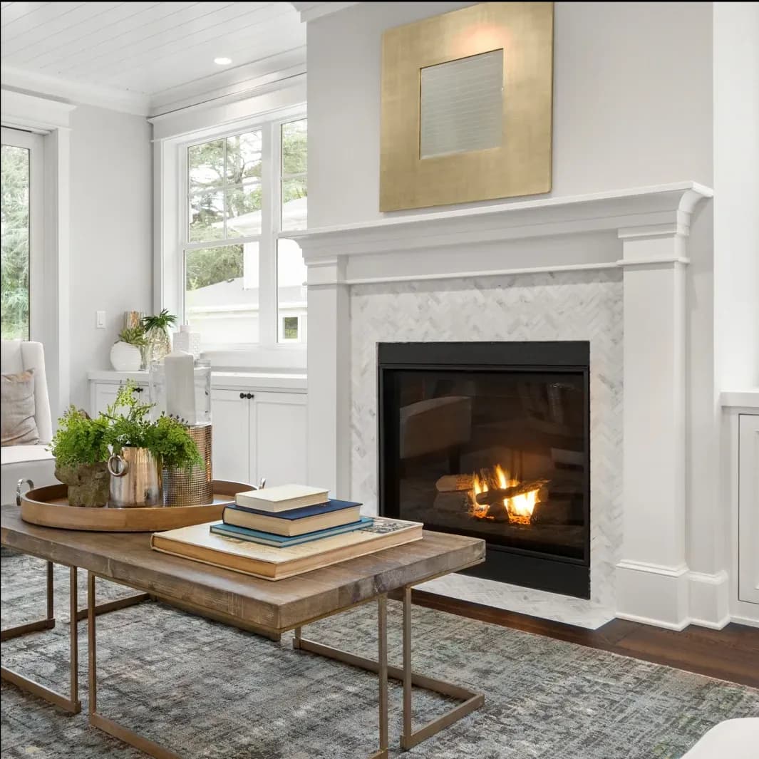 Modern living room featuring a cozy fireplace, elegant beveled glass mirror above the mantle, stylish coffee table with stacked books, and vibrant greenery, highlighting custom glass design elements suitable for shower doors, table tops, and home decor.