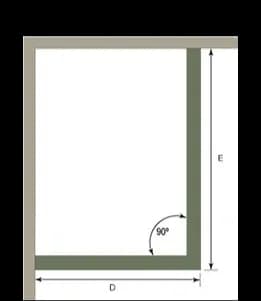 Diagram illustrating custom glass dimensions for shower doors with measurements D and E, featuring a 90-degree angle, relevant for tempered glass and beveled glass edge applications.
