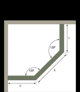 Diagram of a custom glass shape with 135░ angles, illustrating dimensions for shower doors, table tops, and mirrors with beveled glass edges.