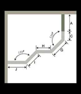 Diagram of custom glass shower door measurements, featuring angles, lengths, and beveled glass edge details, relevant for designing tempered glass solutions.