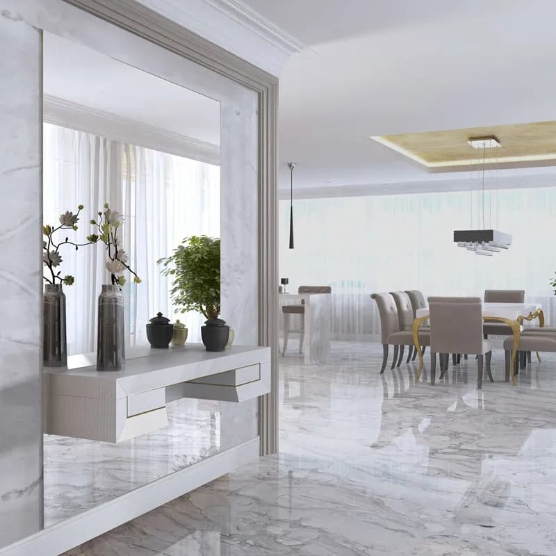 Contemporary interior featuring a large beveled edge mirror