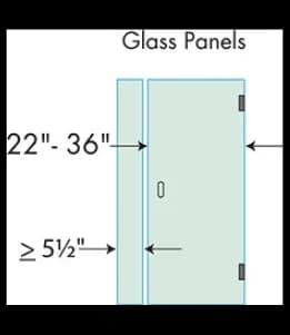 Diagram of custom glass shower doors showing dimensions for glass panels, highlighting options for tempered glass with beveled edges.