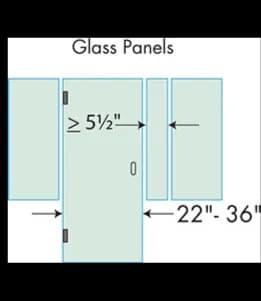 Diagram illustrating glass panel dimensions for custom shower doors, including specifications for tempered glass and beveled edges.