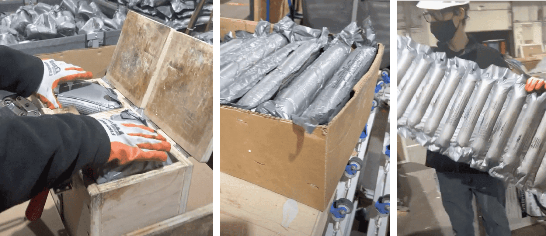Workers handling packages of custom glass products in a warehouse, showcasing tempered glass and beveled edges for shower doors and table tops.