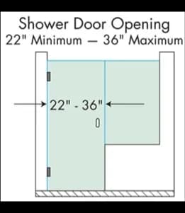 Diagram of shower door opening dimensions, featuring custom glass specifications for shower doors, emphasizing a 22-36 range for installations.