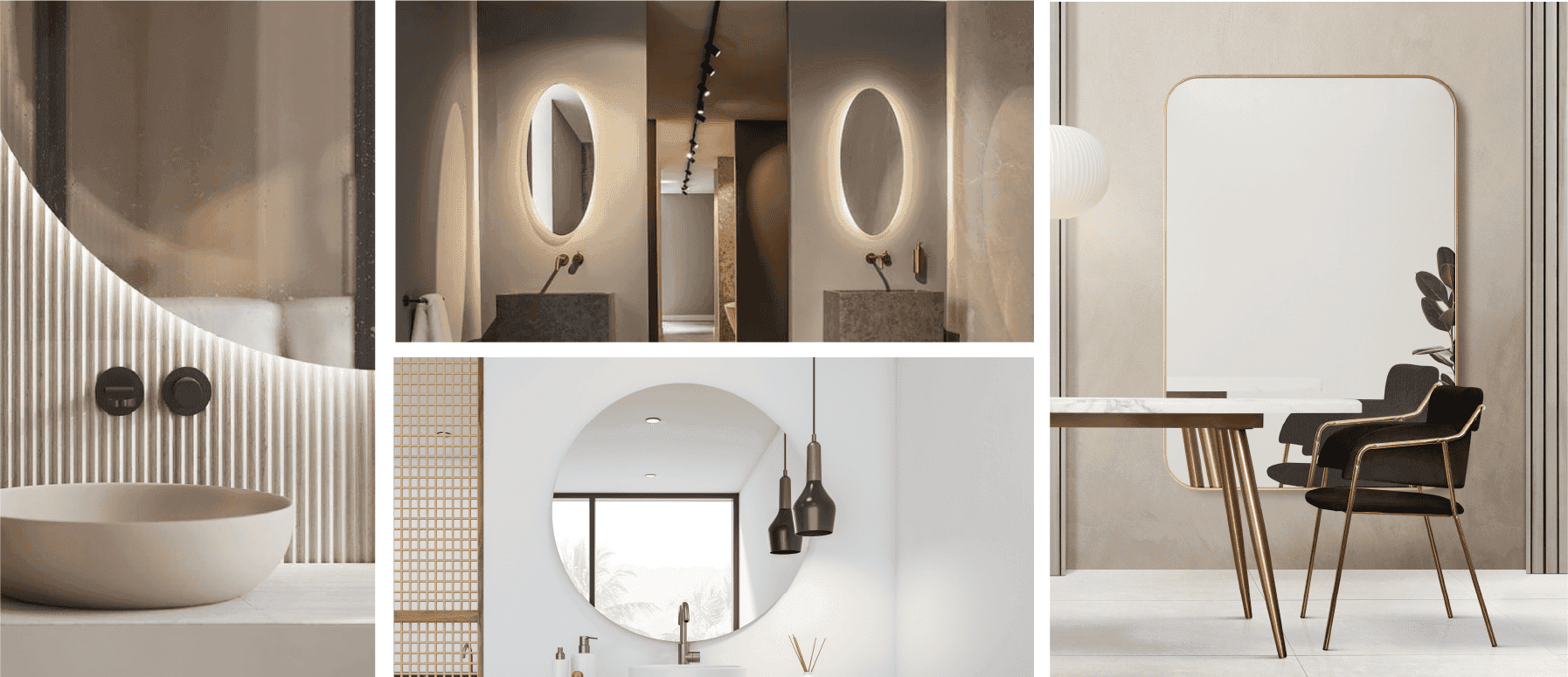 Contemporary interior design featuring custom glass elements, including shower doors, mirrors with beveled edges, and stylish table tops, showcasing tempered glass finishes and elegant lighting.