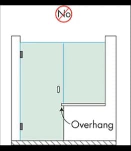 Diagram illustrating a shower door with a No Overhang warning, relevant for custom glass solutions including shower doors and tempered glass applications.