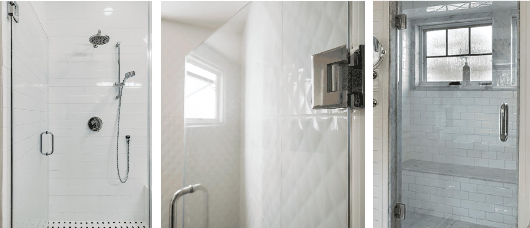 A collection of pictures featuring showers with single glass doors and hardware.