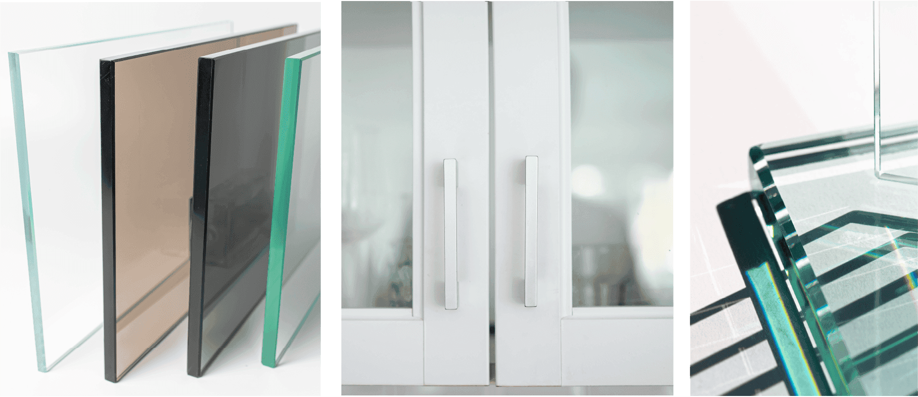 Custom glass panels for shower doors, tempered glass options, and stylish beveled glass edges showcased in various designs.