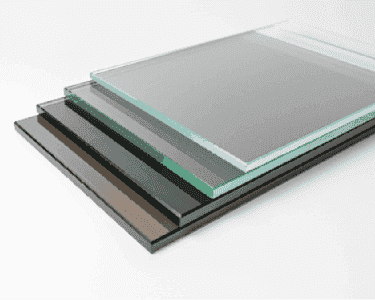 Different types of custom glass sheets, including tempered glass options, suitable for shower doors, table tops, and mirrors, featuring varying thicknesses and beveled edges.
