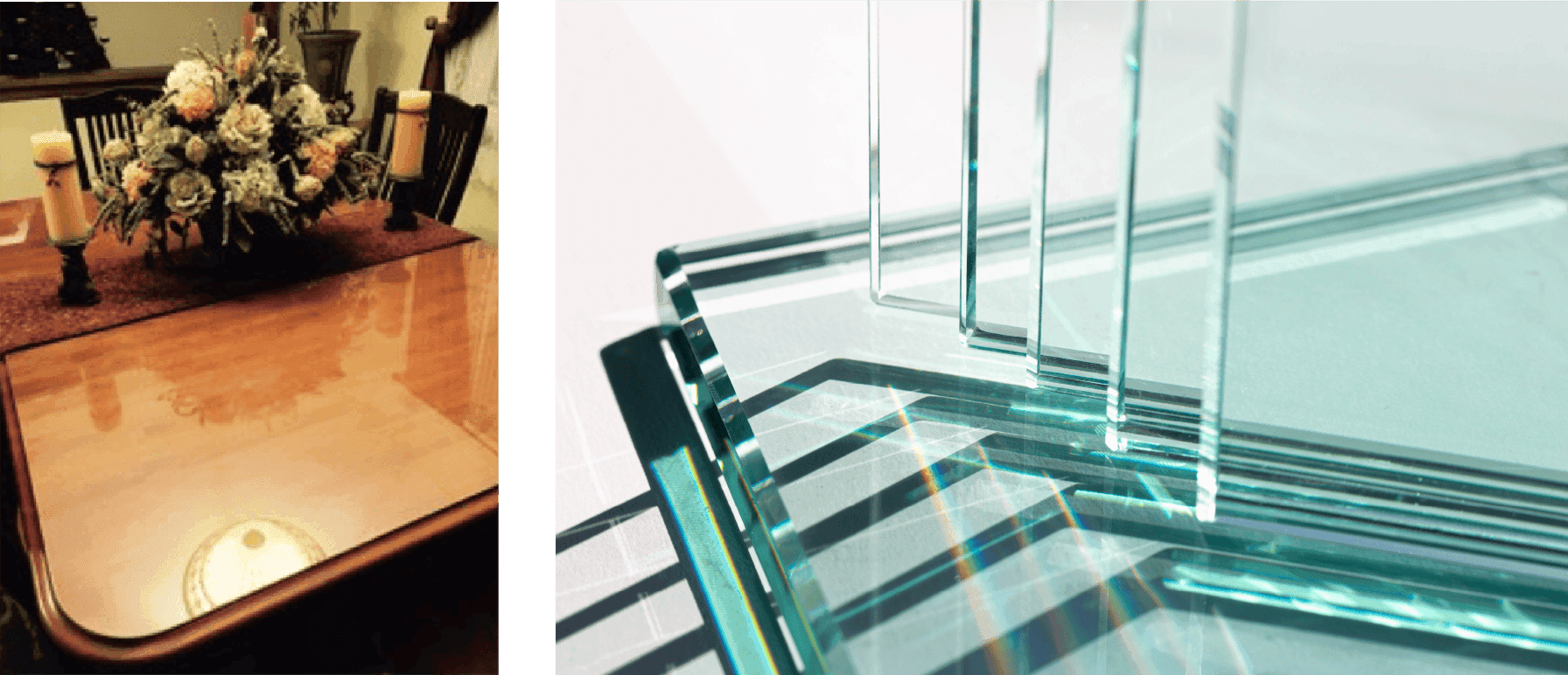 Custom glass table top with a floral centerpiece and candles, alongside samples of tempered glass with beveled edges, suitable for shower doors and mirrors.