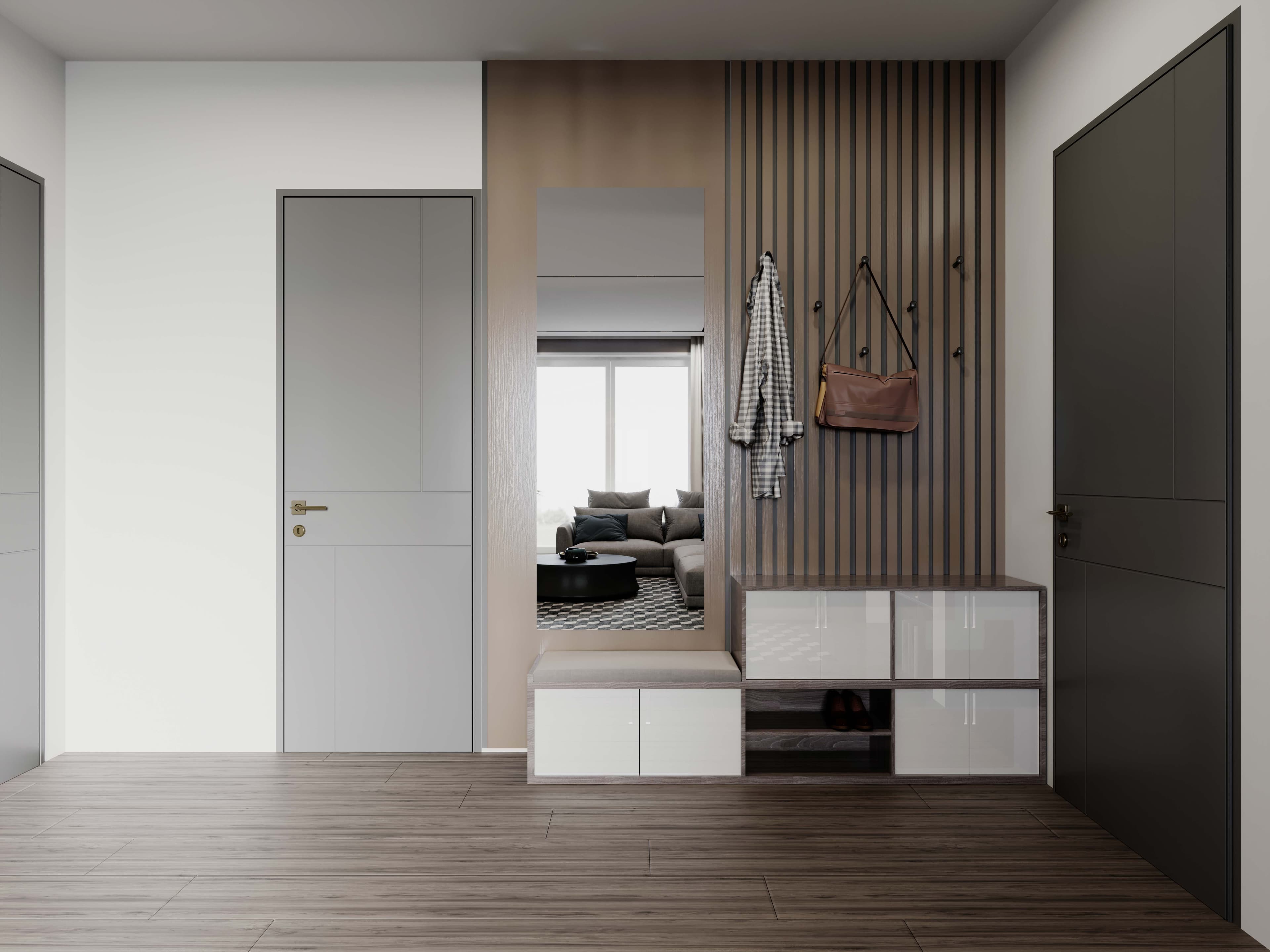 Modern entryway featuring a stylish mirror, sleek cabinetry, and elegant accents, highlighting custom glass design elements for shower doors, table tops, and tempered glass solutions.