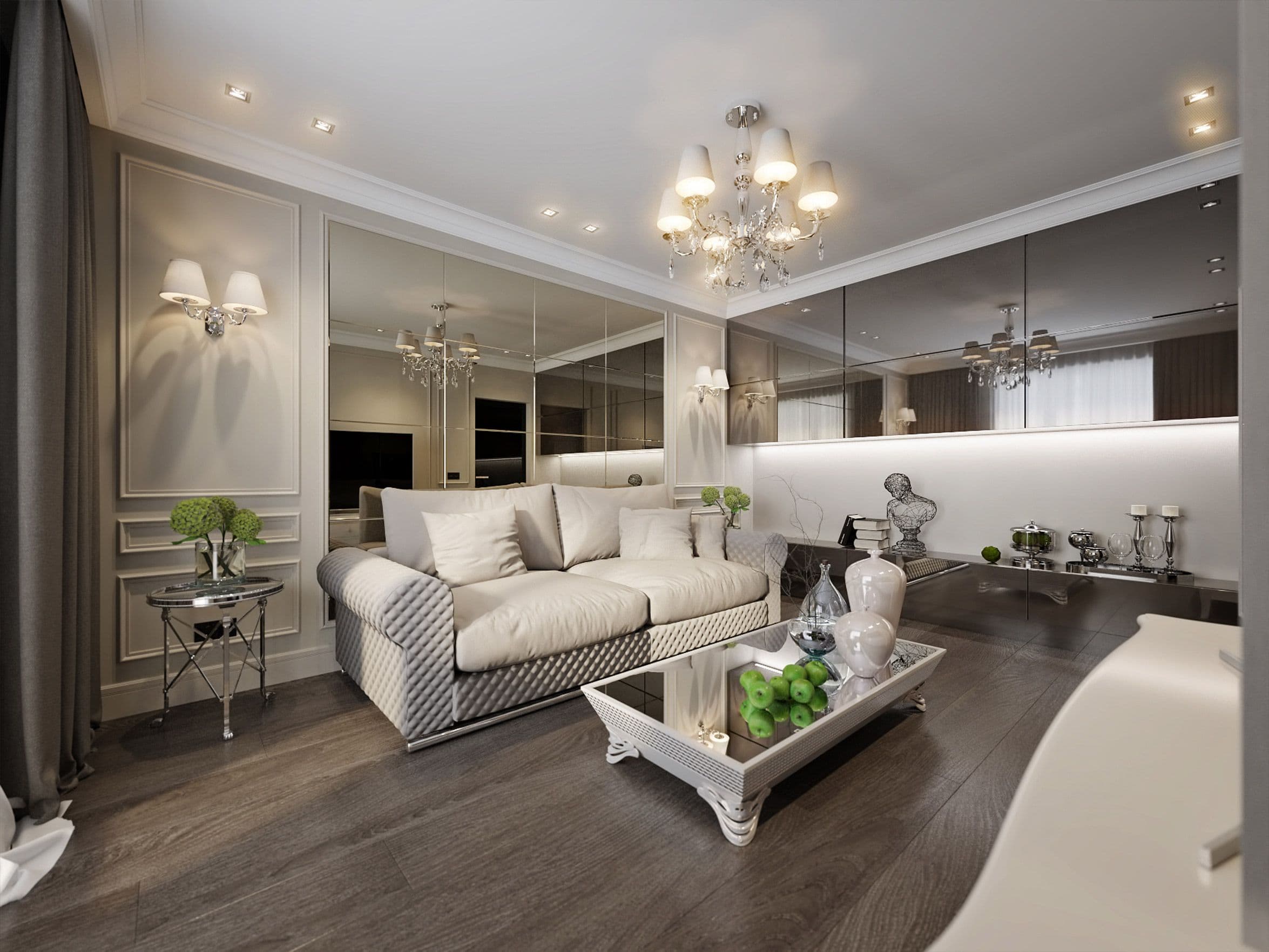 Luxurious living room featuring custom glass mirrors, a beveled glass edge table top, and elegant decor elements ideal for showcasing shower doors and tempered glass designs.