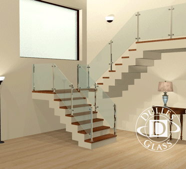 Custom glass railing design for stairs, featuring tempered glass panels and modern aesthetics, highlighting Dulles Glass craftsmanship.